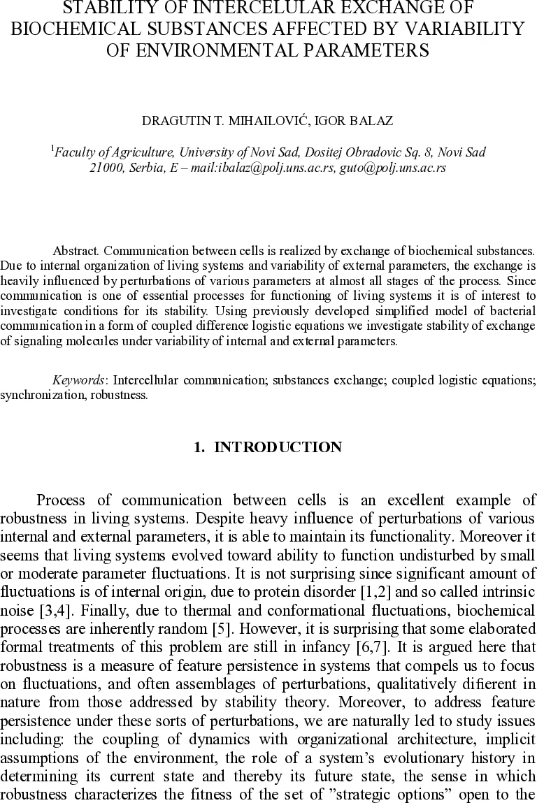 Stability of Intercelular Exchange of Biochemical Substances Affected by   Variability of Environmental Parameters