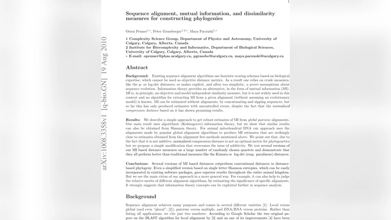 Sequence alignment, mutual information, and dissimilarity measures for   constructing phylogenies