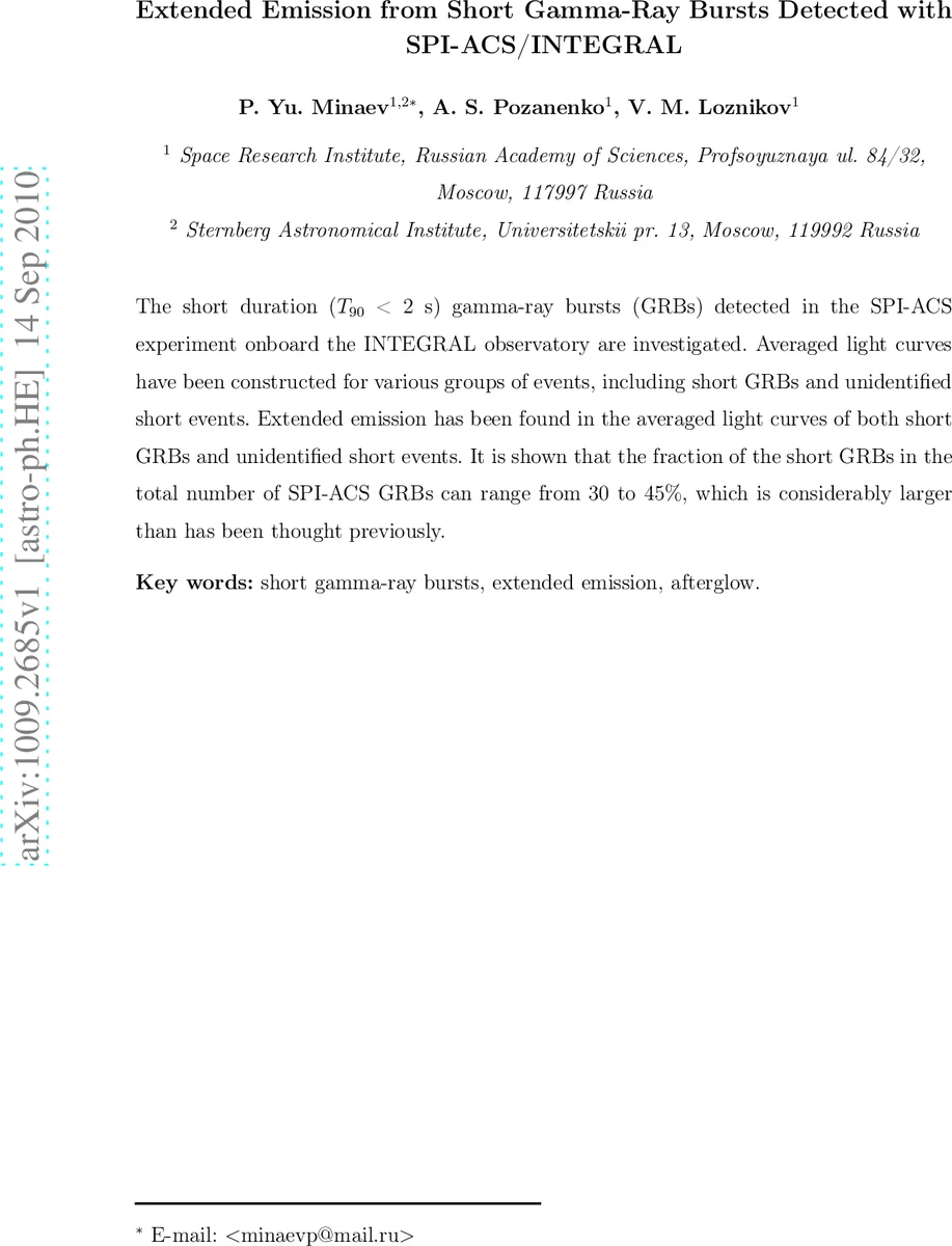 Extended Emission from Short Gamma-Ray Bursts Detected with   SPI-ACS/INTEGRAL