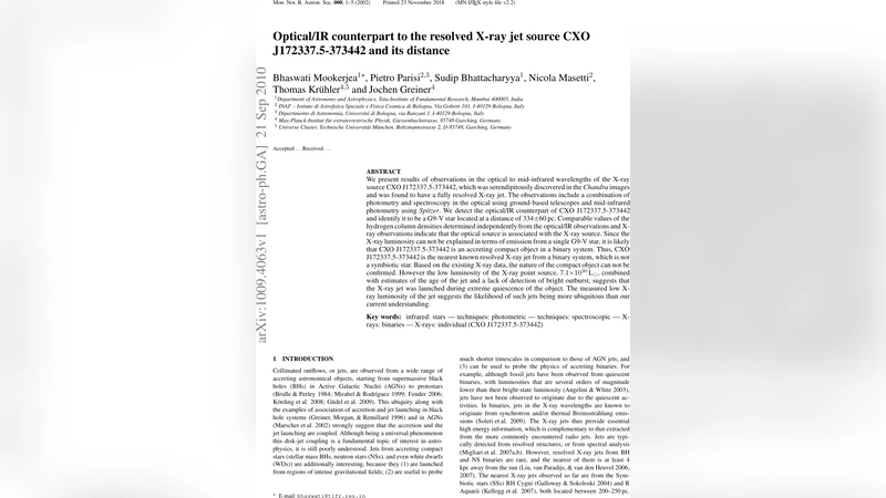 Optical/IR counterpart to the resolved X-ray jet source CXO   J172337.5-373442 and its distance