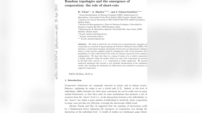 Random Topologies and the emergence of cooperation: the role of   short-cuts