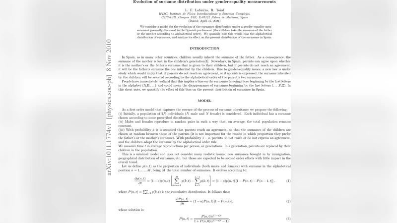 Evolution of surname distribution under gender-equality measurements