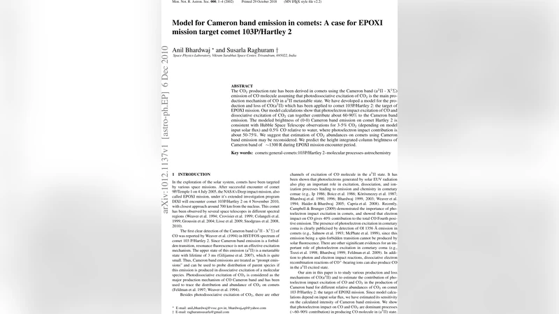 Model for Cameron band emission in comets: A case for EPOXI mission   target comet 103P/Hartley 2