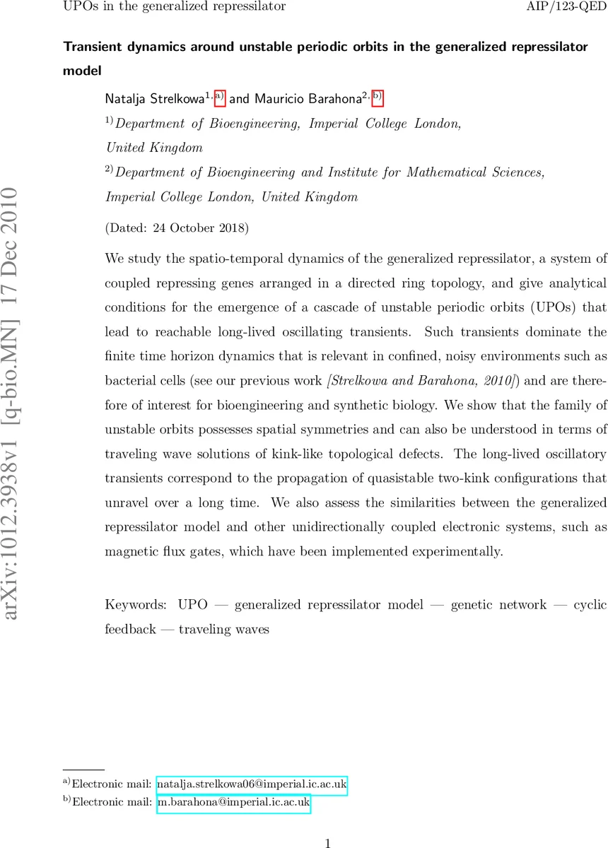Transient dynamics around unstable periodic orbits in the generalized   repressilator model