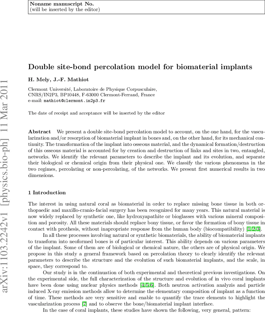 Double site-bond percolation model for biomaterial implants