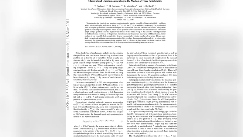 Classical and Quantum Annealing in the Median of Three Satisfiability