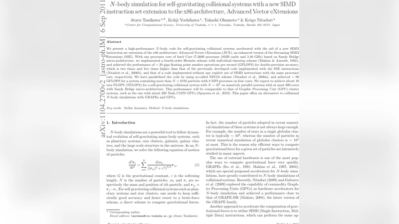 N-body simulation for self-gravitating collisional systems with a new   SIMD instruction set extension to the x86 architecture, Advanced Vector   eXtensions