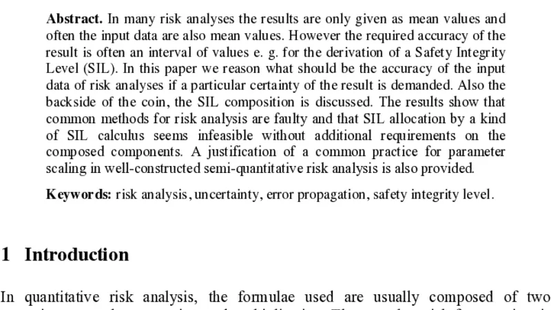 Propagation of Uncertainty in Risk Analysis and Safety Integrity Level   Composition