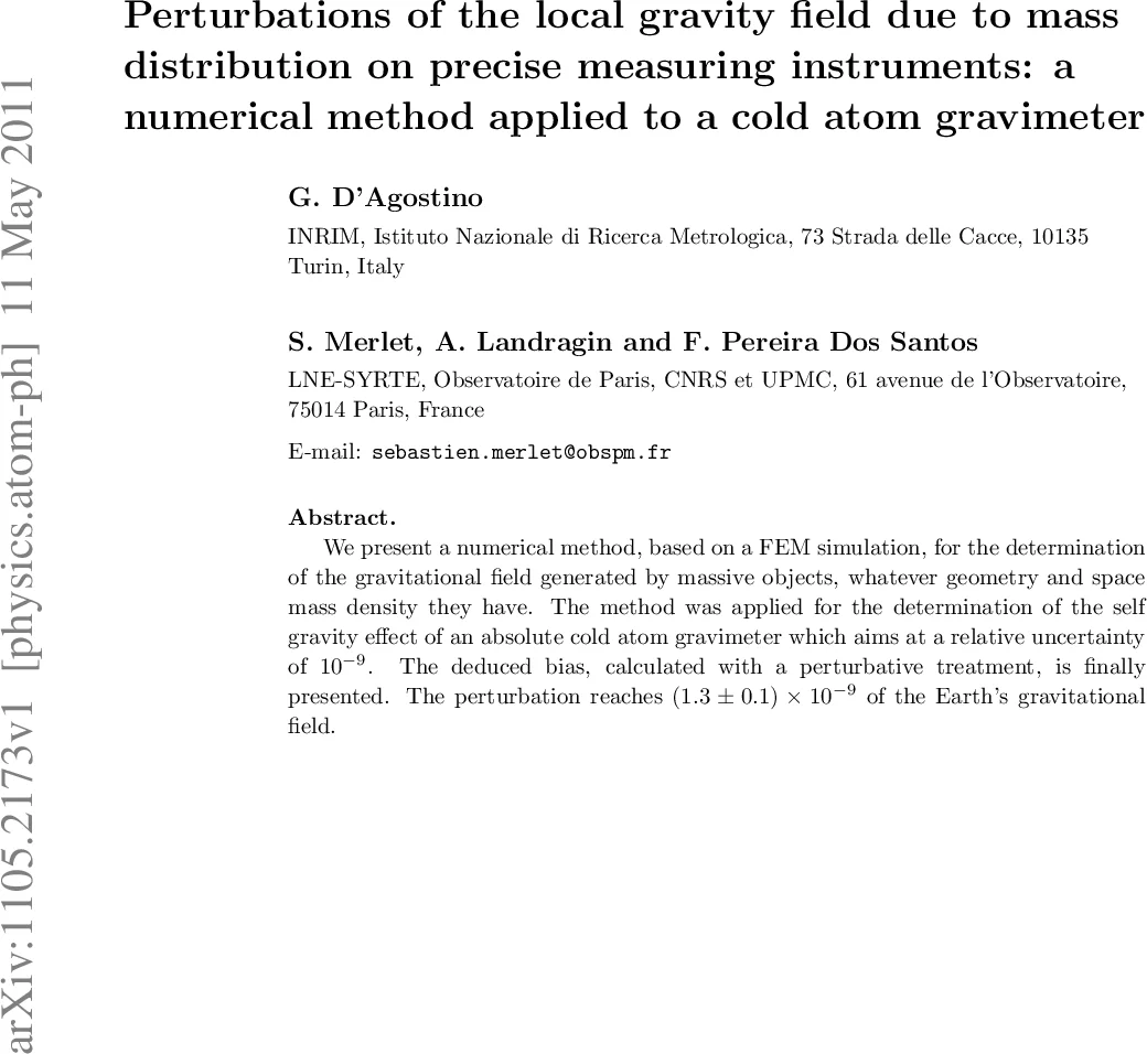 Perturbations of the local gravity field due to mass distribution on   precise measuring instruments: a numerical method applied to a cold atom   gravimeter