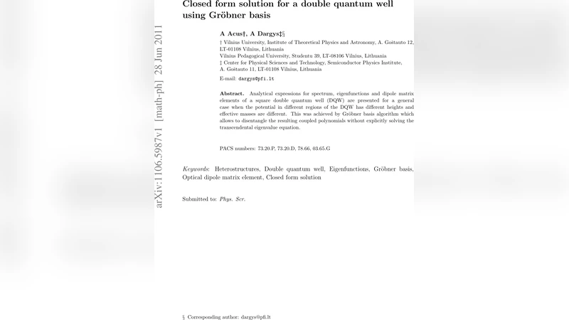 Closed form solution for a double quantum well using Gr"obner basis