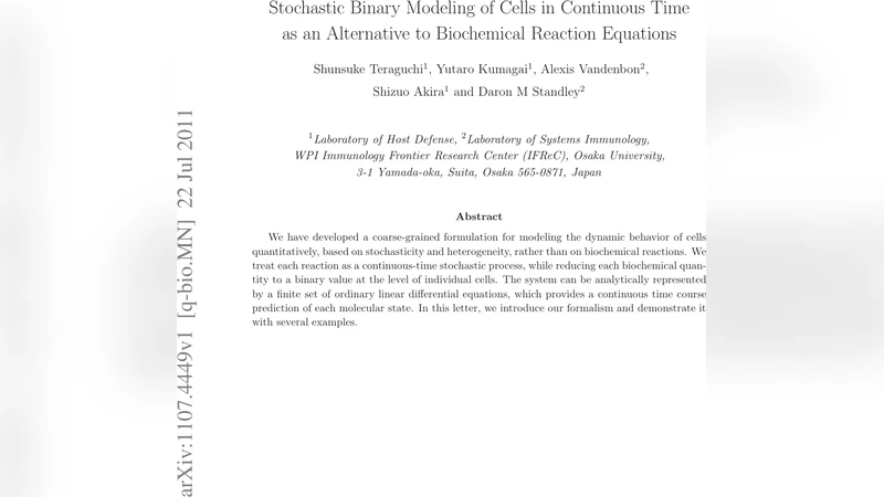 Stochastic Binary Modeling of Cells in Continuous Time as an Alternative   to Biochemical Reaction Equations