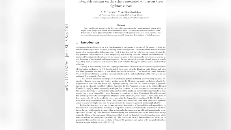 Integrable systems on the sphere associated with genus three algebraic   curves