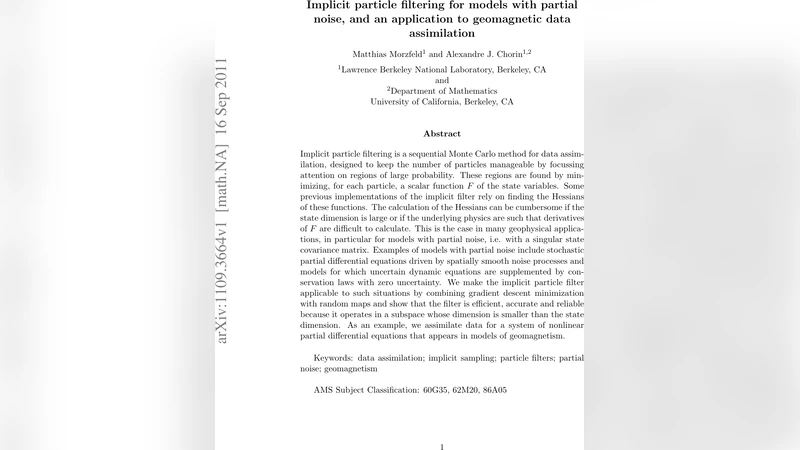 Implicit particle filtering for models with partial noise, and an   application to geomagnetic data assimilation