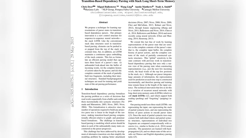 Transition-Based Dependency Parsing with Stack Long Short-Term Memory