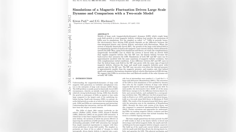 Simulations of a Magnetic Fluctuation Driven Large Scale Dynamo and   Comparison with a Two-scale Model