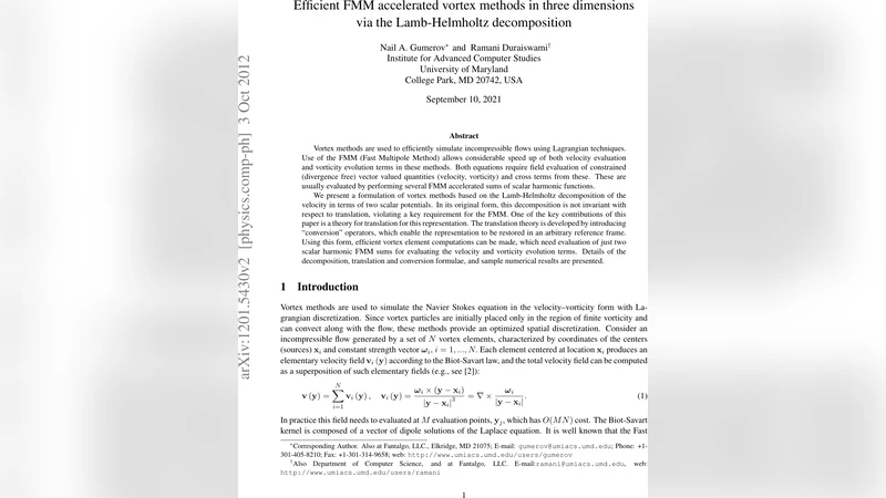 Efficient FMM accelerated vortex methods in three dimensions via the   Lamb-Helmholtz decomposition
