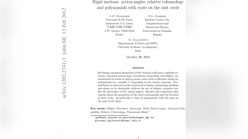 Rigid motions: action-angles, relative cohomology and polynomials with   roots on the unit circle