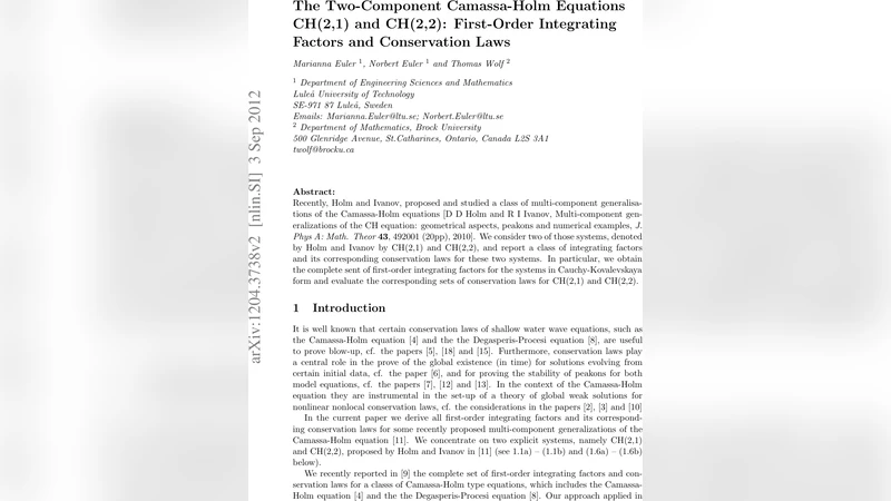 The Two-Component Camassa-Holm Equations CH(2,1) and CH(2,2):   First-Order Integrating Factors and Conservation Laws