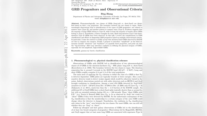GRB Progenitors and Observational Criteria
