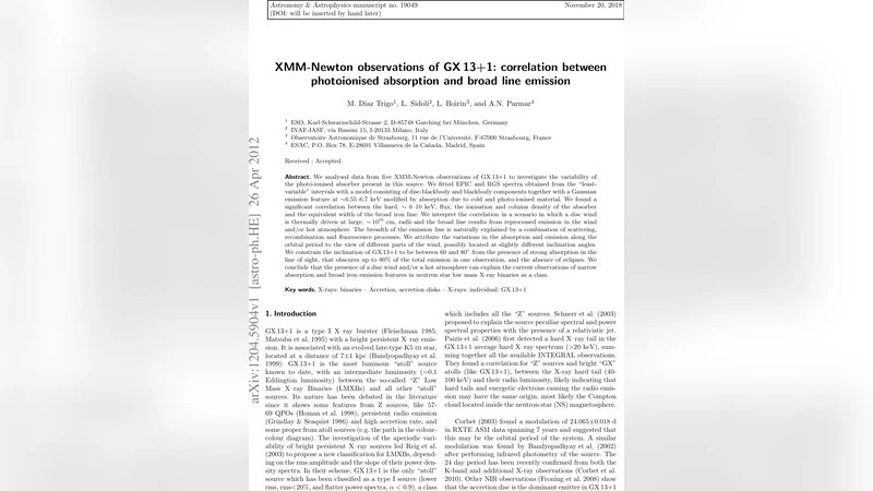 XMM-Newton observations of GX 13+1: correlation between photoionised   absorption and broad line emission