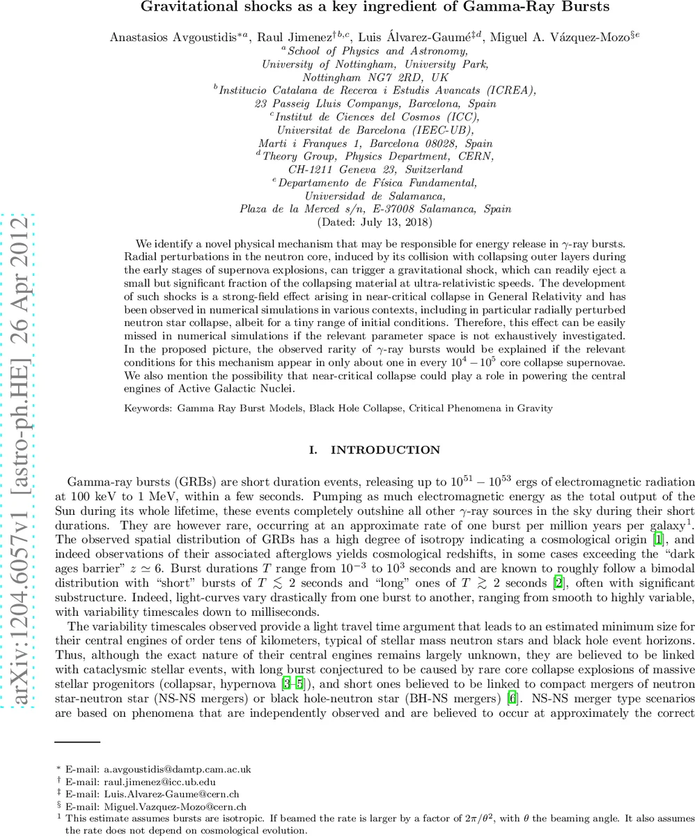 Gravitational shocks as a key ingredient of Gamma-Ray Bursts