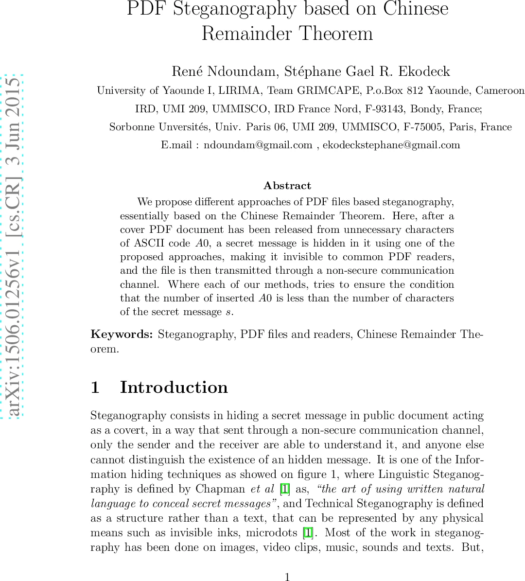 PDF Steganography based on Chinese Remainder Theorem