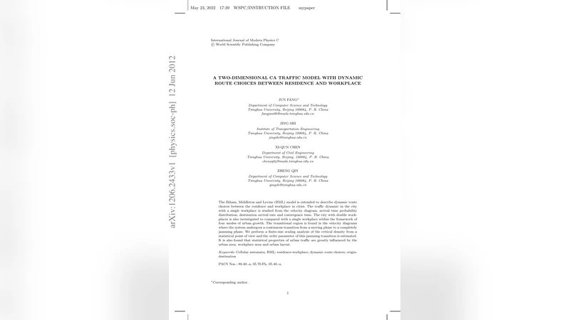 A Two-Dimensional CA Traffic Model with Dynamic Route Choices Between   Residence and Workplace