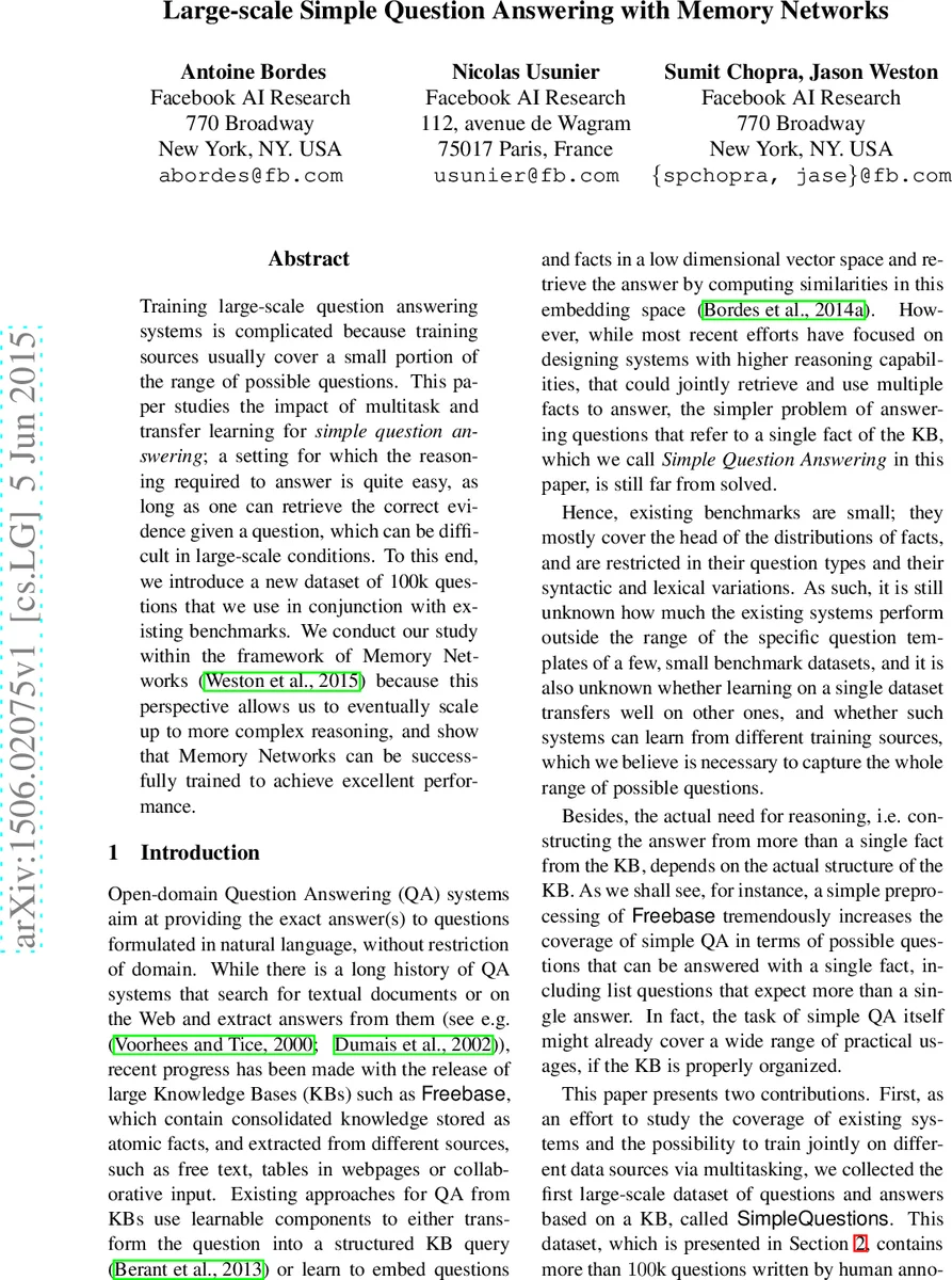 Large-scale Simple Question Answering with Memory Networks