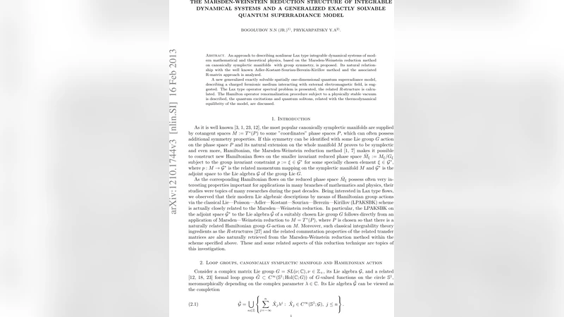 The Marsden-Weinstein reduction structure of integrable dynamical   systems and a generalized exactly solvable quantum superradiance model