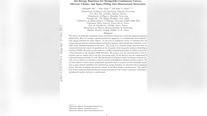 On Energy Functions for String-Like Continuous Curves, Discrete Chains,   and Space-Filling One Dimensional Structures