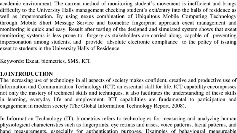 Students Exeat Monitoring System Using Fingerprint Biometric   Authentication and Mobile Short Message Service