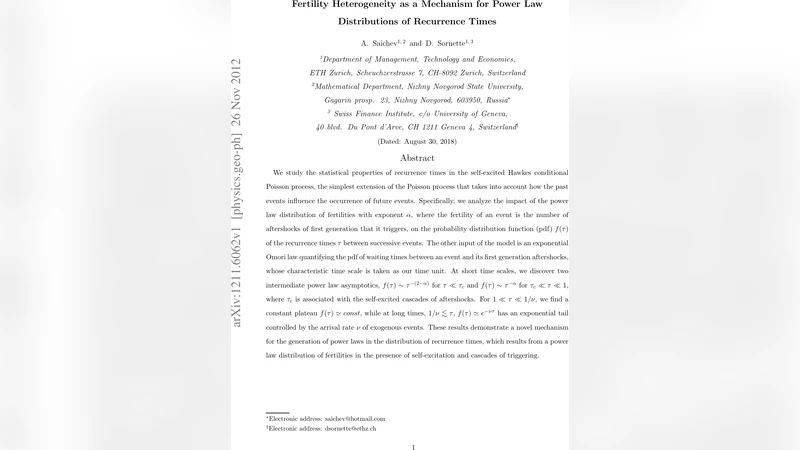 Fertility Heterogeneity as a Mechanism for Power Law Distributions of   Recurrence Times