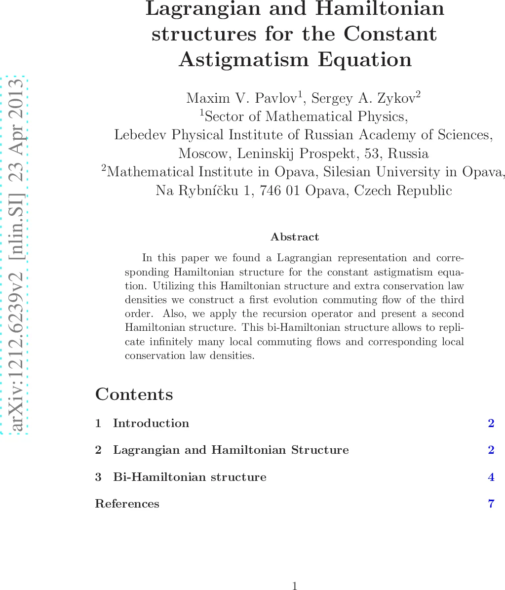 Lagrangian and Hamiltonian Structures for the Constant Astigmatism   Equation