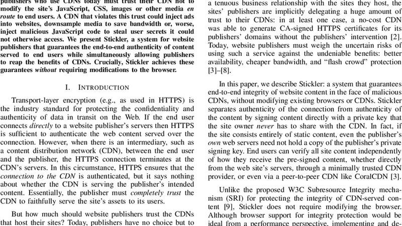 Stickler: Defending Against Malicious CDNs in an Unmodified Browser
