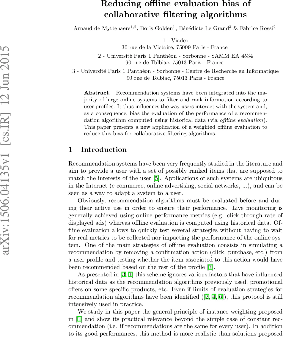 Reducing offline evaluation bias of collaborative filtering algorithms