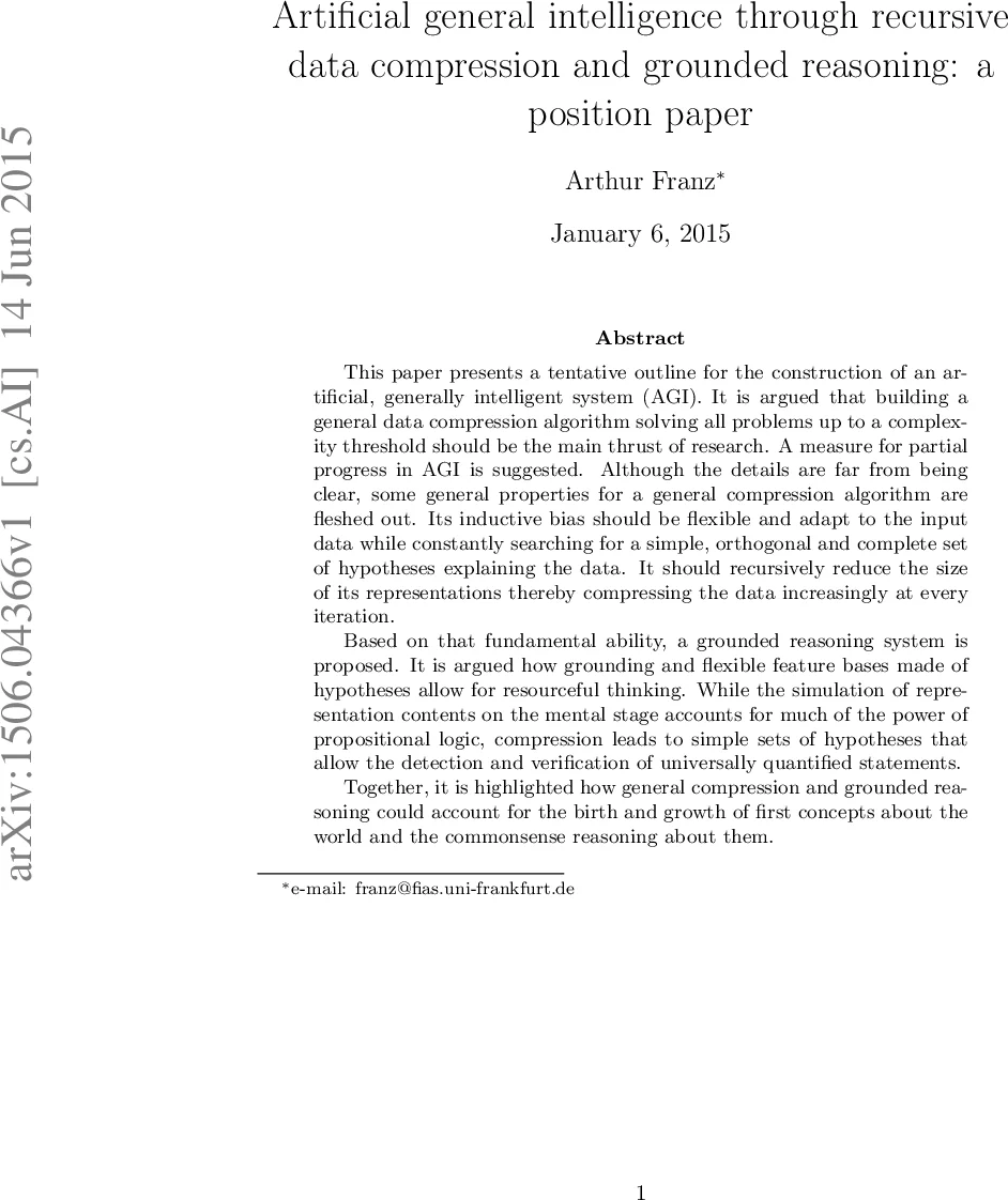 Artificial general intelligence through recursive data compression and   grounded reasoning: a position paper