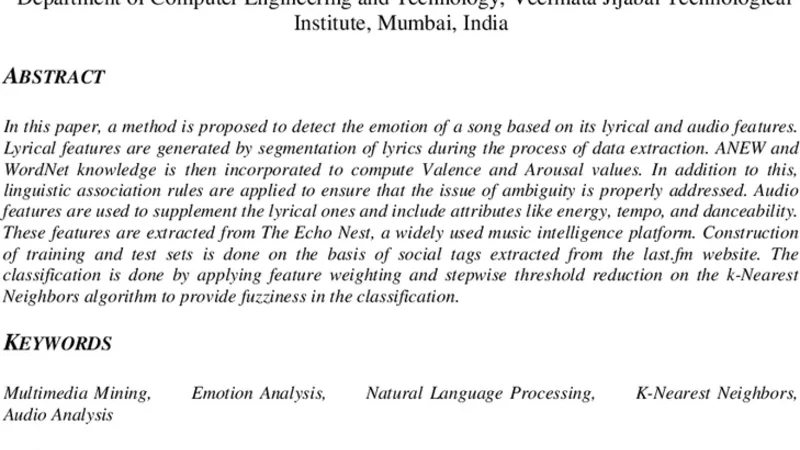Emotion Analysis of Songs Based on Lyrical and Audio Features