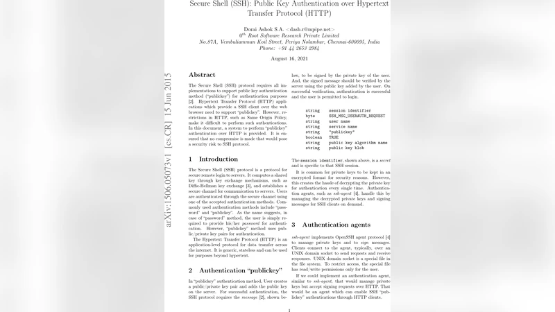 Secure Shell (SSH): Public Key Authentication over Hypertext Transfer   Protocol (HTTP)