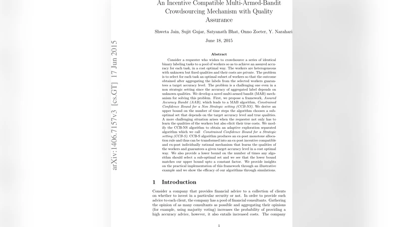 An Incentive Compatible Multi-Armed-Bandit Crowdsourcing Mechanism with   Quality Assurance