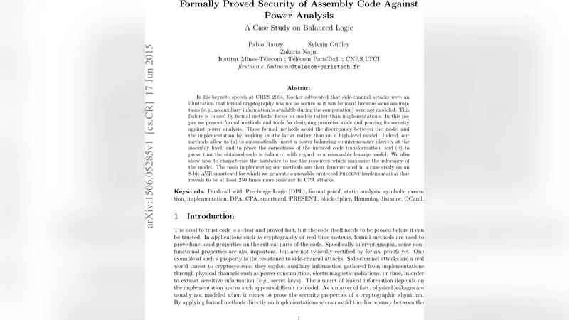 Formally Proved Security of Assembly Code Against Power Analysis: A Case   Study on Balanced Logic