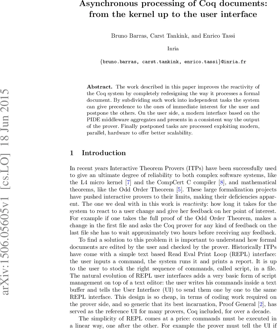 Asynchronous processing of Coq documents: from the kernel up to the user   interface