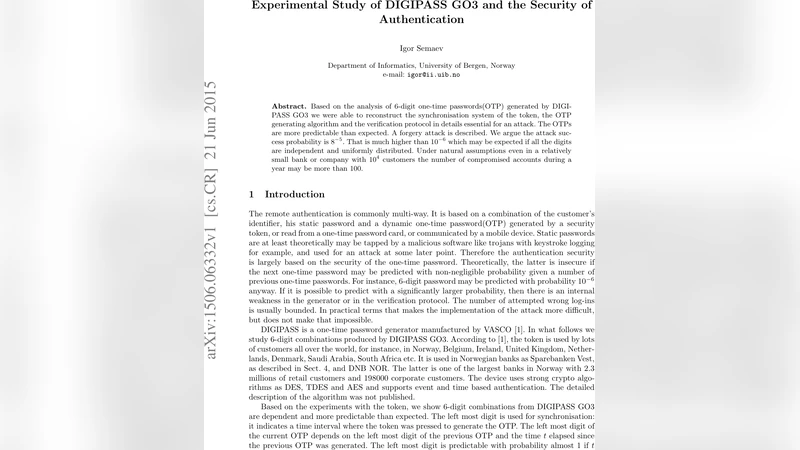 Experimental Study of DIGIPASS GO3 and the Security of Authentication