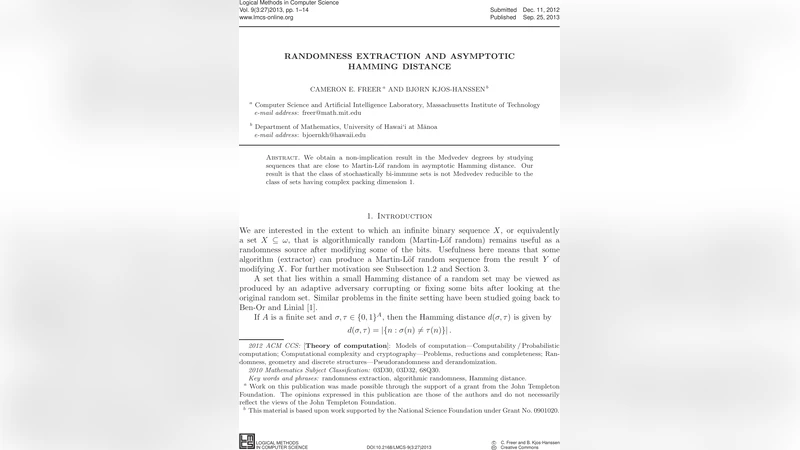 Randomness extraction and asymptotic Hamming distance