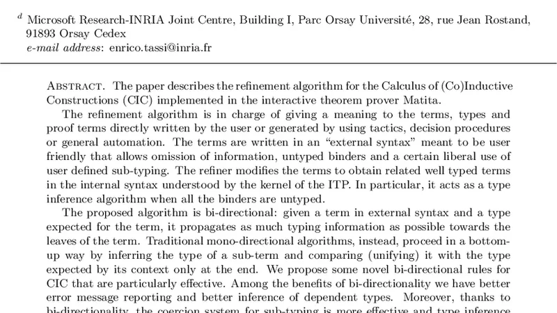 A Bi-Directional Refinement Algorithm for the Calculus of (Co)Inductive   Constructions