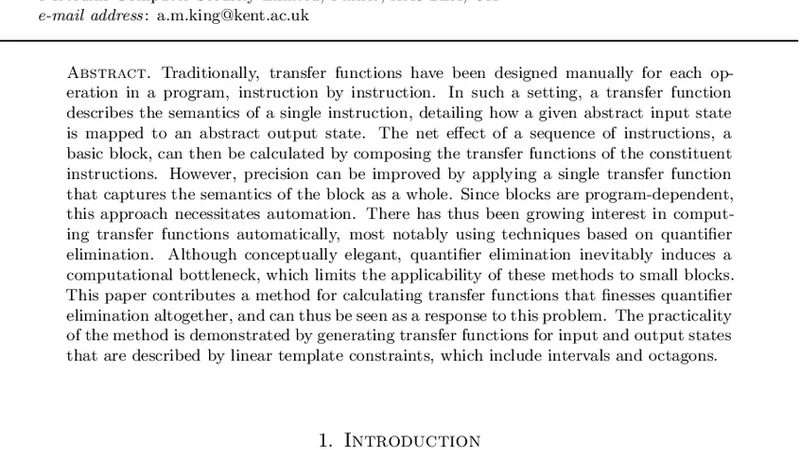 Transfer Function Synthesis without Quantifier Elimination