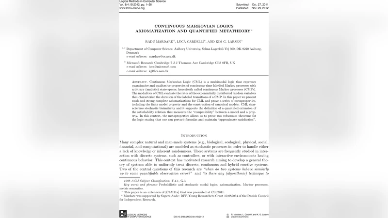 Continuous Markovian Logics - Axiomatization and Quantified Metatheory