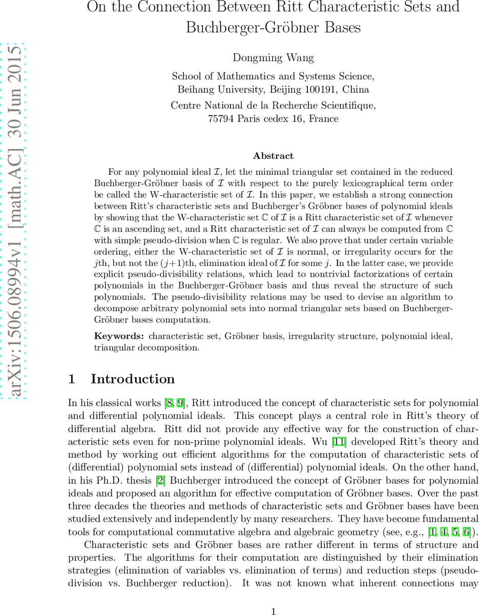On the Connection Between Ritt Characteristic Sets and   Buchberger-Gr"obner Bases