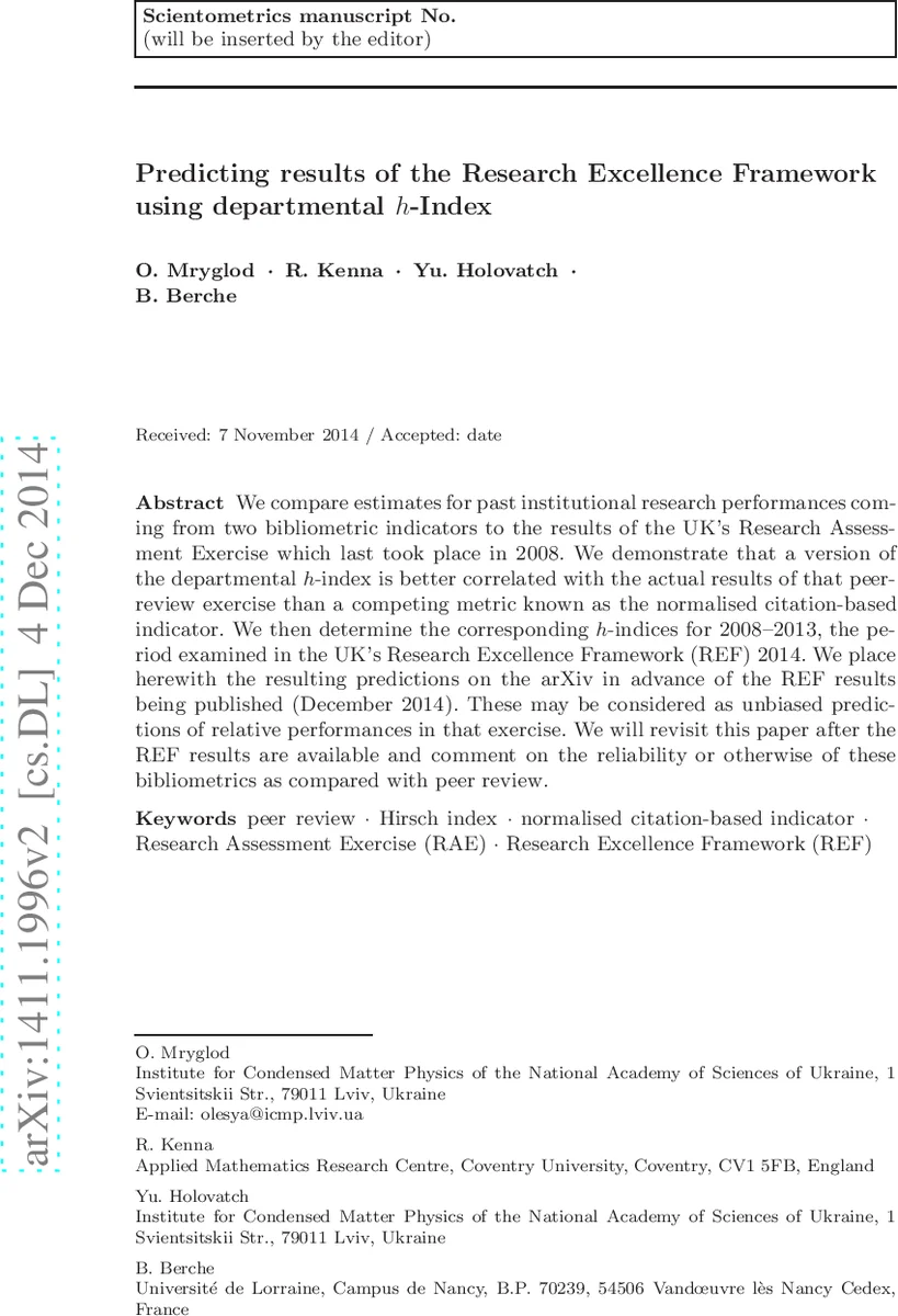 Predicting results of the Research Excellence Framework using   departmental $h$-Index