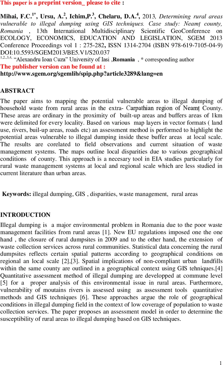 Determining rural areas vulnerable to illegal dumping using GIS   techniques. Case study: Neamt county, Romania