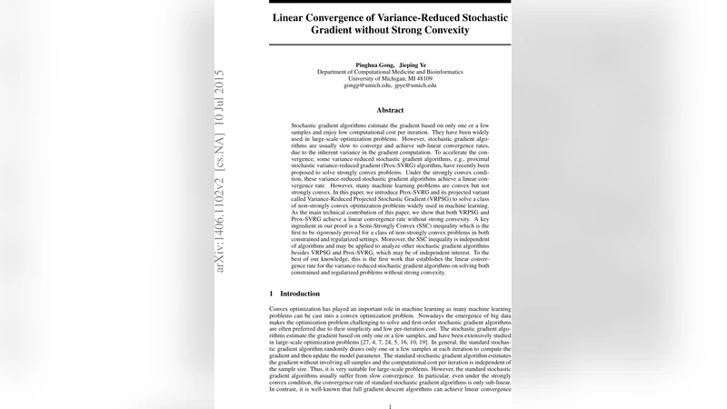 Linear Convergence of Variance-Reduced Stochastic Gradient without   Strong Convexity